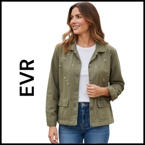 EVR | Vintage 100% Silk Embroidery Flowers Women's Jacket | Olive Green | Size L